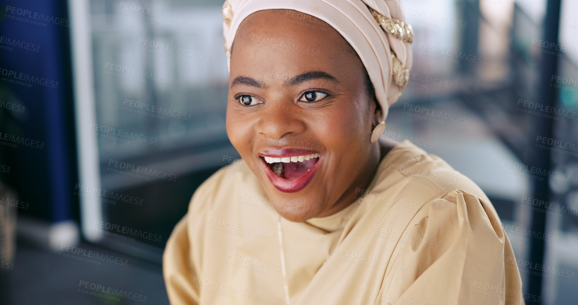 Buy stock photo Wow, face and black woman with success in business or reading news of promotion, bonus or achievement in work. Worker, happiness and surprise notification, announcement or smile for winning a prize