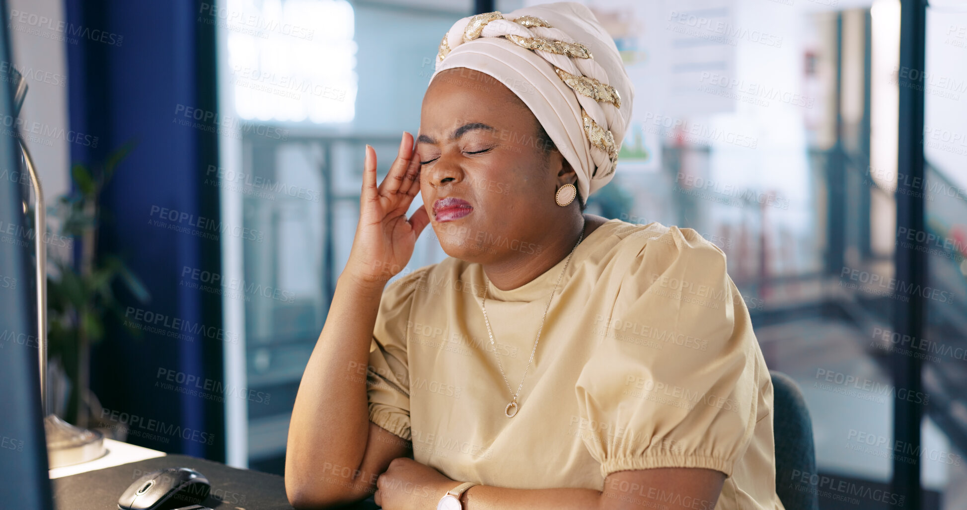 Buy stock photo Business woman, headache and stress or overworked employee in an office. Working, burnout and anxiety of a tired african professional with hand on head feeling fatigue with pain, crisis or mistake
