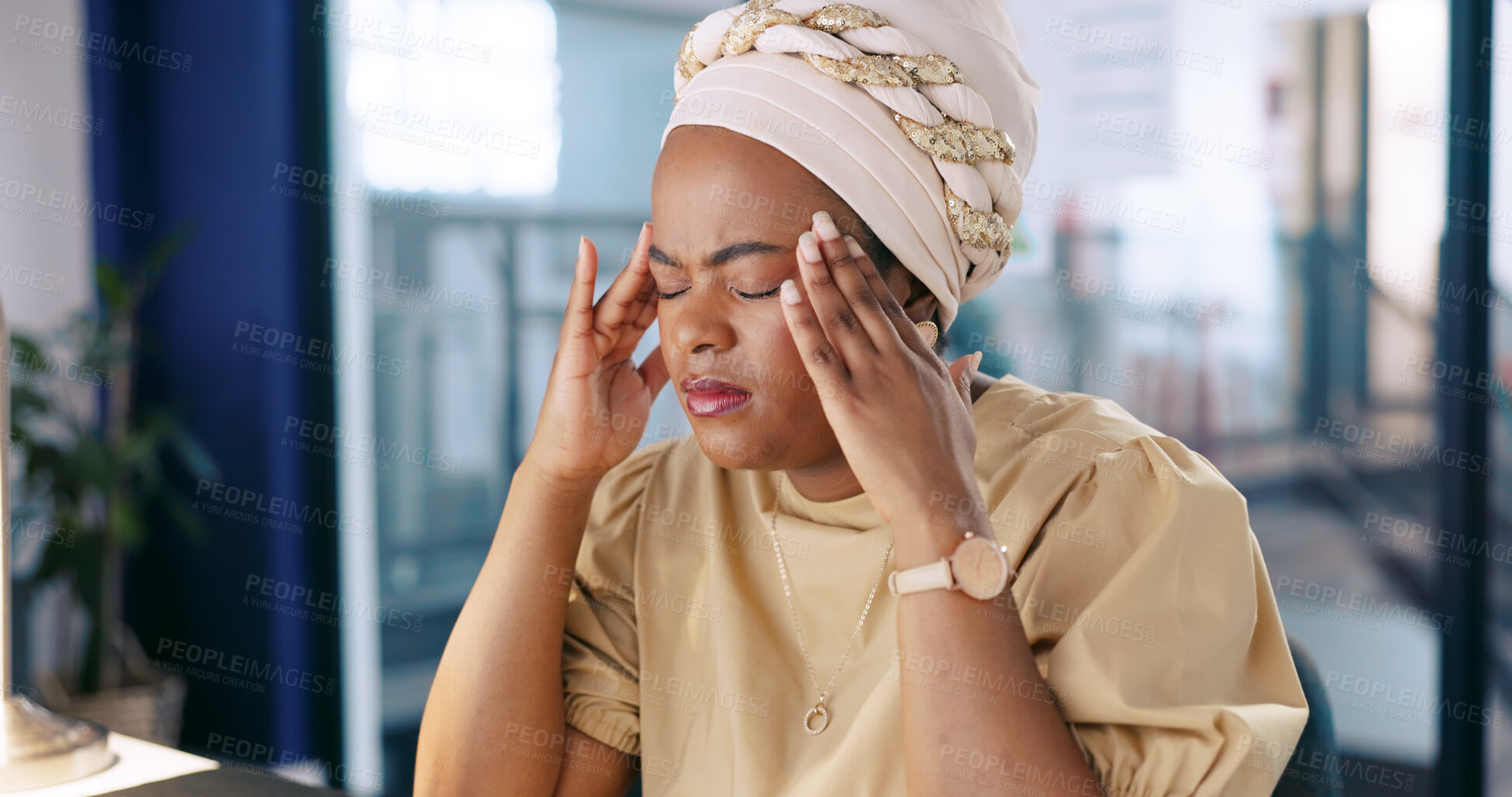 Buy stock photo Headache, business woman and stress or tired employee overworked in an office. Working, burnout and anxiety of a african professional with hand on head feeling fatigue with pain, crisis or mistake