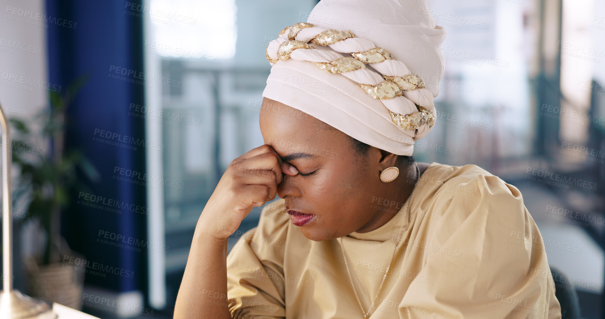 Buy stock photo Headache, business woman and stress or overworked employee in an office. Working, burnout and anxiety of a tired African professional with hand on head feeling fatigue with pain, crisis or mistake