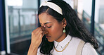 Glasses, headache and burnout with a business black woman suffering from stress or anxiety in the office. Mental health, migraine and eyewear with a young female employee at work on a deadline