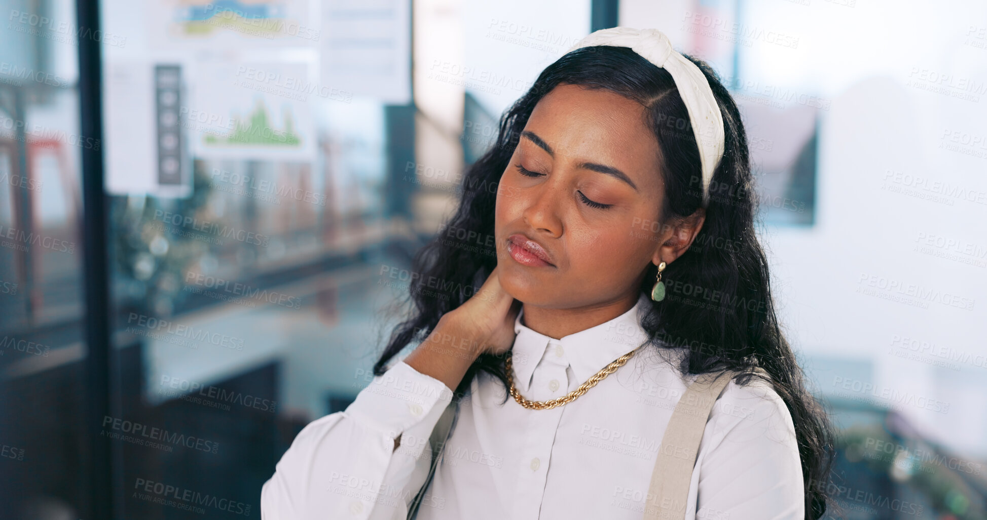 Buy stock photo Neck pain, business woman and stress or overworked employee in a office. Working, burnout and anxiety of a tired professional with hand on muscle feeling fatigue from headache, tension or bad posture