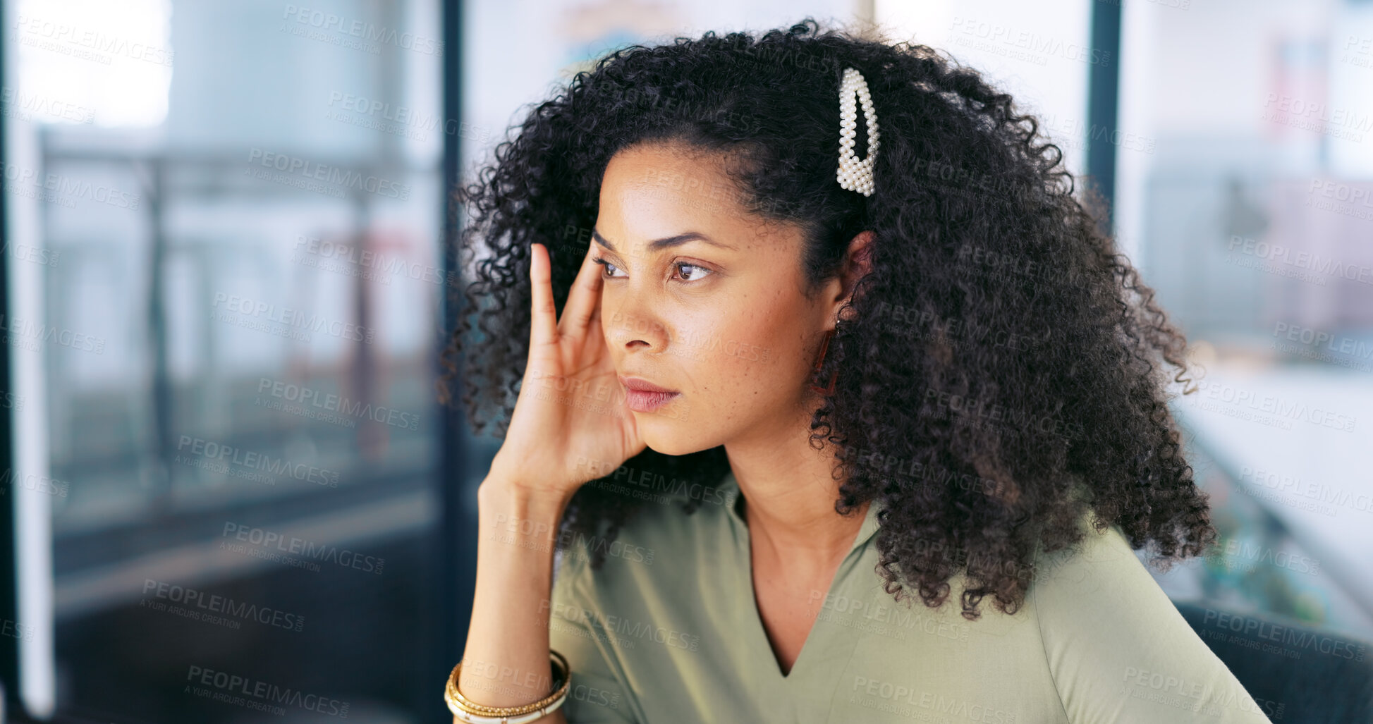Buy stock photo Headache, business woman and serious concentration with employee overworked in office. Frustrated, burnout and stress of african professional with hand on head or fatigue with pain, crisis or mistake