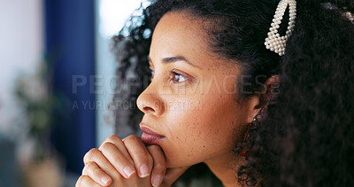 Creative black woman, face and thinking in marketing, advertising or corporate strategy for design at the office. Thoughtful African American female employee designer contemplating idea for startup