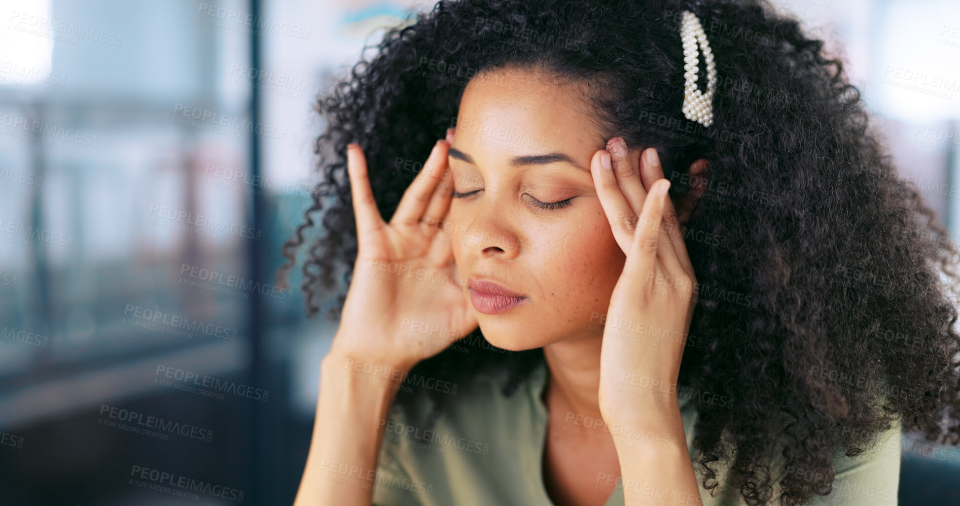 Buy stock photo Headache, frustrated and tired business woman or employee overworked in office. Stress, burnout and face of african professional with hand on head for fatigue with pain, crisis or fail and mistake