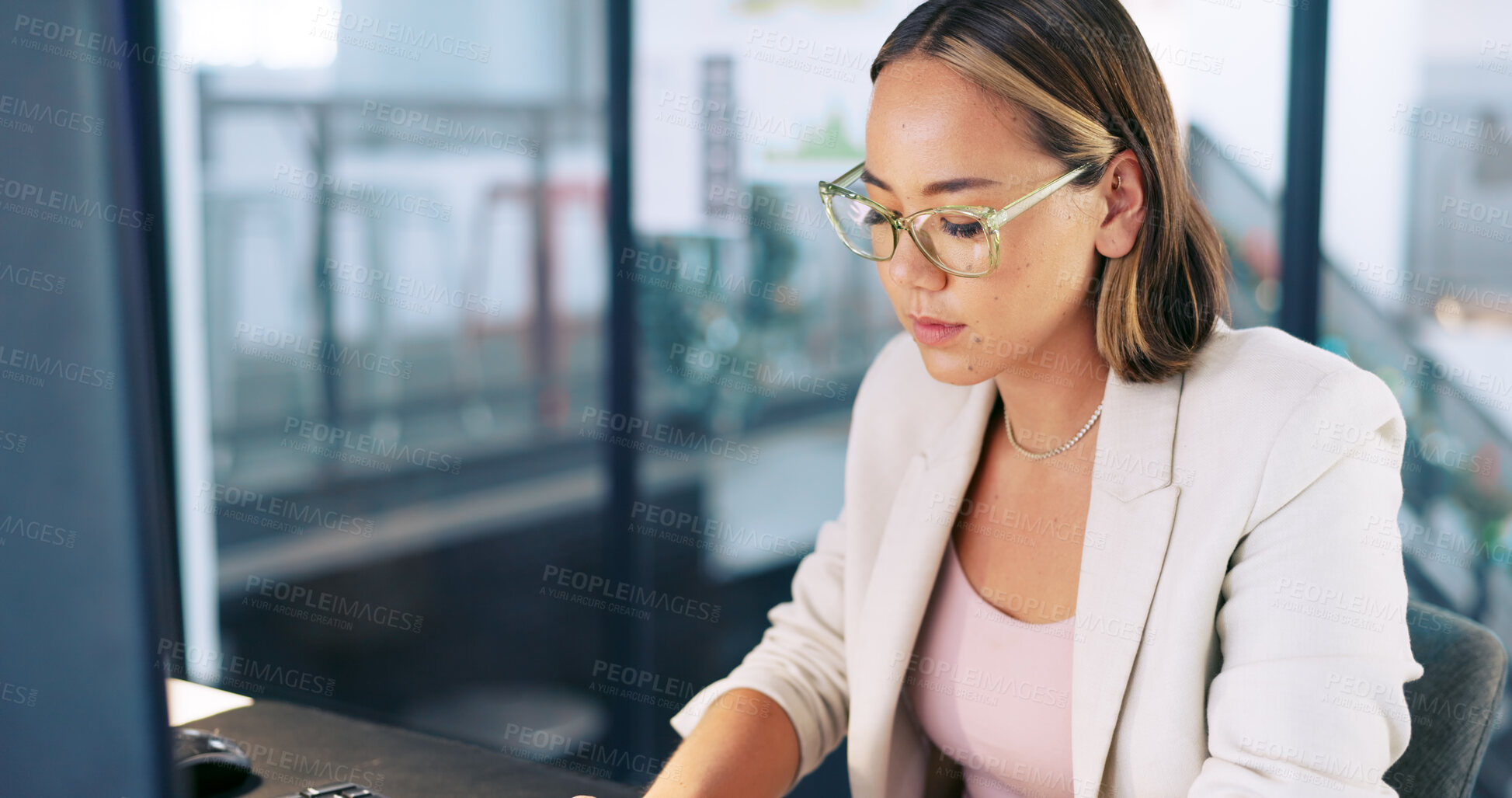 Buy stock photo Business woman, computer and office for email marketing, website planning or social media management with career focus. Asian worker, editor or writer in glasses on desktop copywriting for newsletter