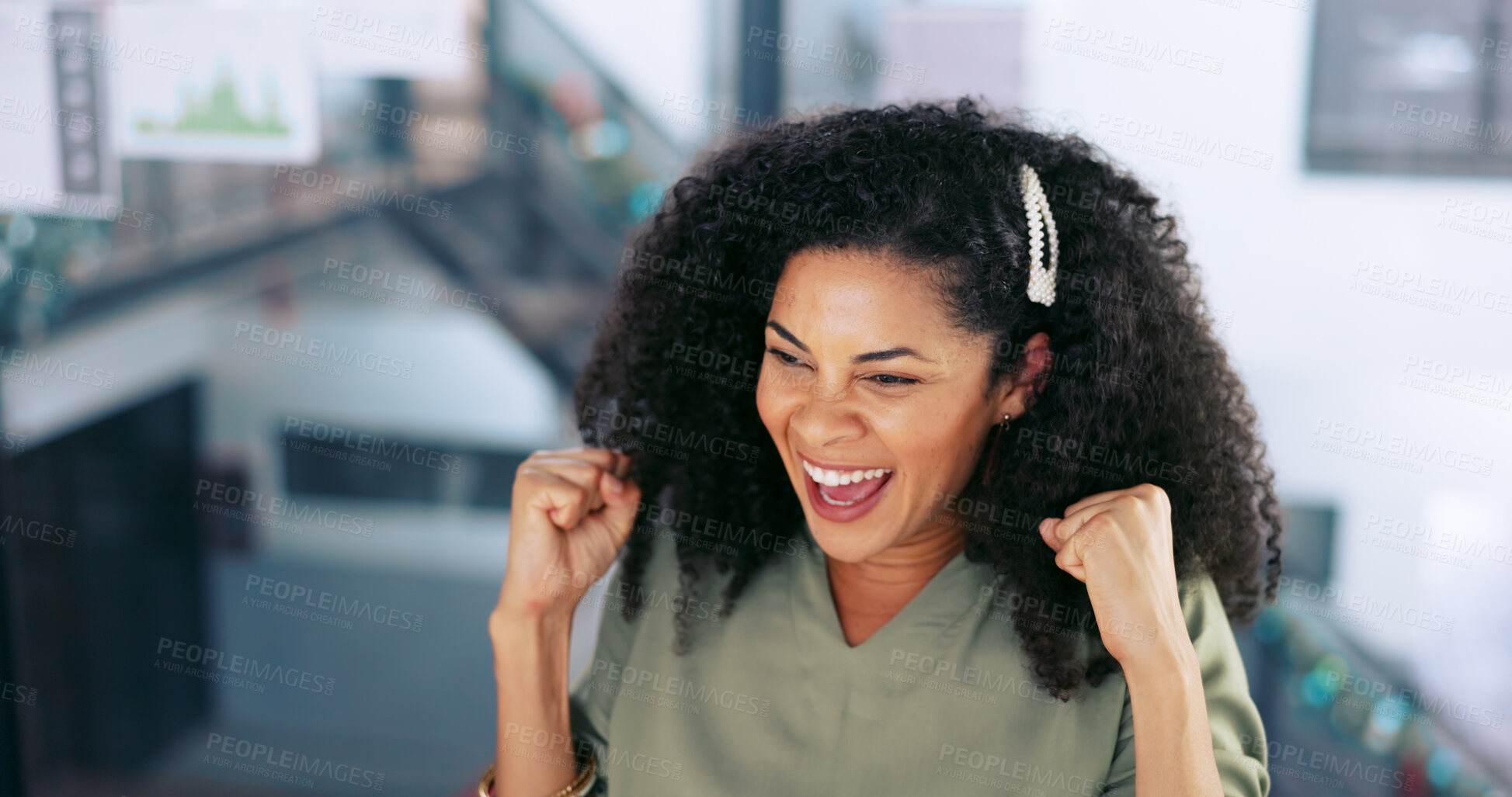 Buy stock photo Excited, black woman and happy winner with success in business and cheering for promotion, bonus or achievement in office. Employee, winning and reading feedback, news and celebration in startup