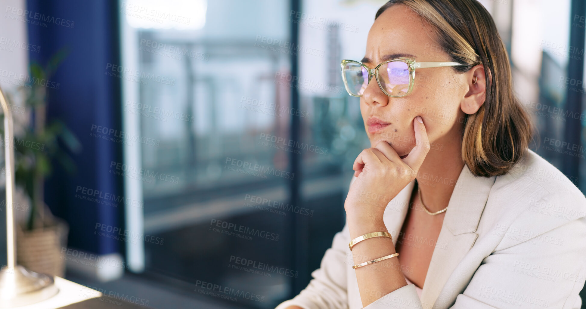 Buy stock photo Thinking, business and woman with feedback, email and ideas with copywriting, planning and development. Person, employee or consultant with glasses, report and editor with question, confused or doubt
