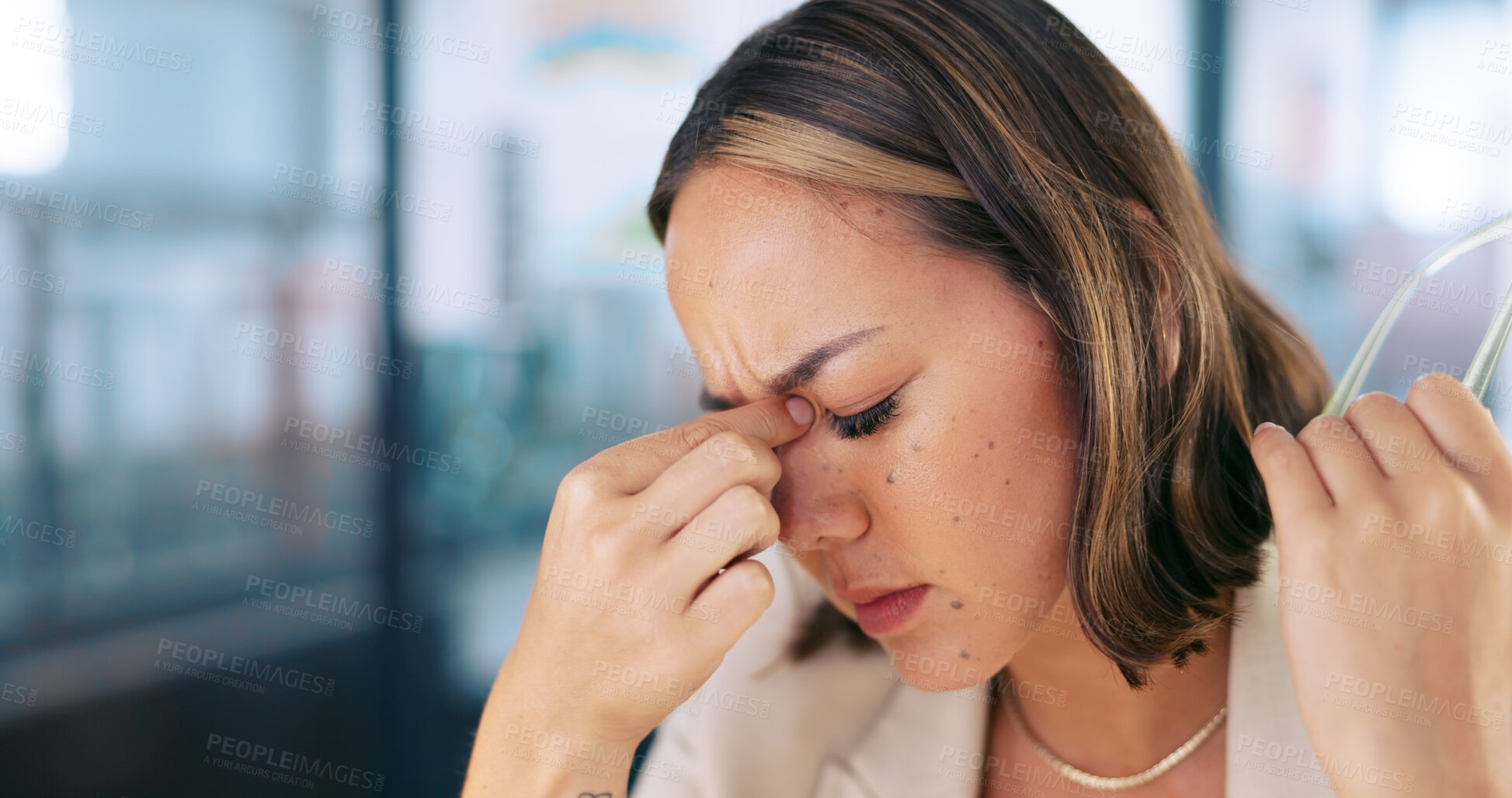 Buy stock photo Frustrated, tired and headache of business woman or employee overworked in office. Stress, burnout and face of professional person with hand on head for fatigue with pain, space or fail and mistake