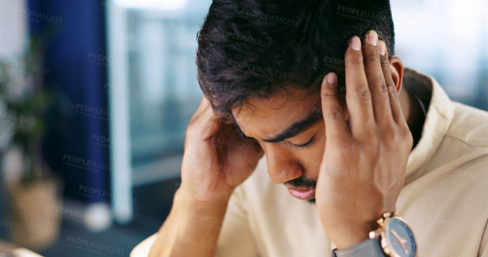 Buy stock photo Headache, frustrated and tired business man or overworked employee in office. Stress, burnout and professional person with hand on head for fatigue with pain, crisis or fail and mistake at workplace
