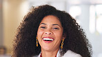 Laughing business woman feeling positive and hopeful while smiling in her office. Closeup of the head and face a beautiful young female looking happy and showing her teeth with a big toothy smile