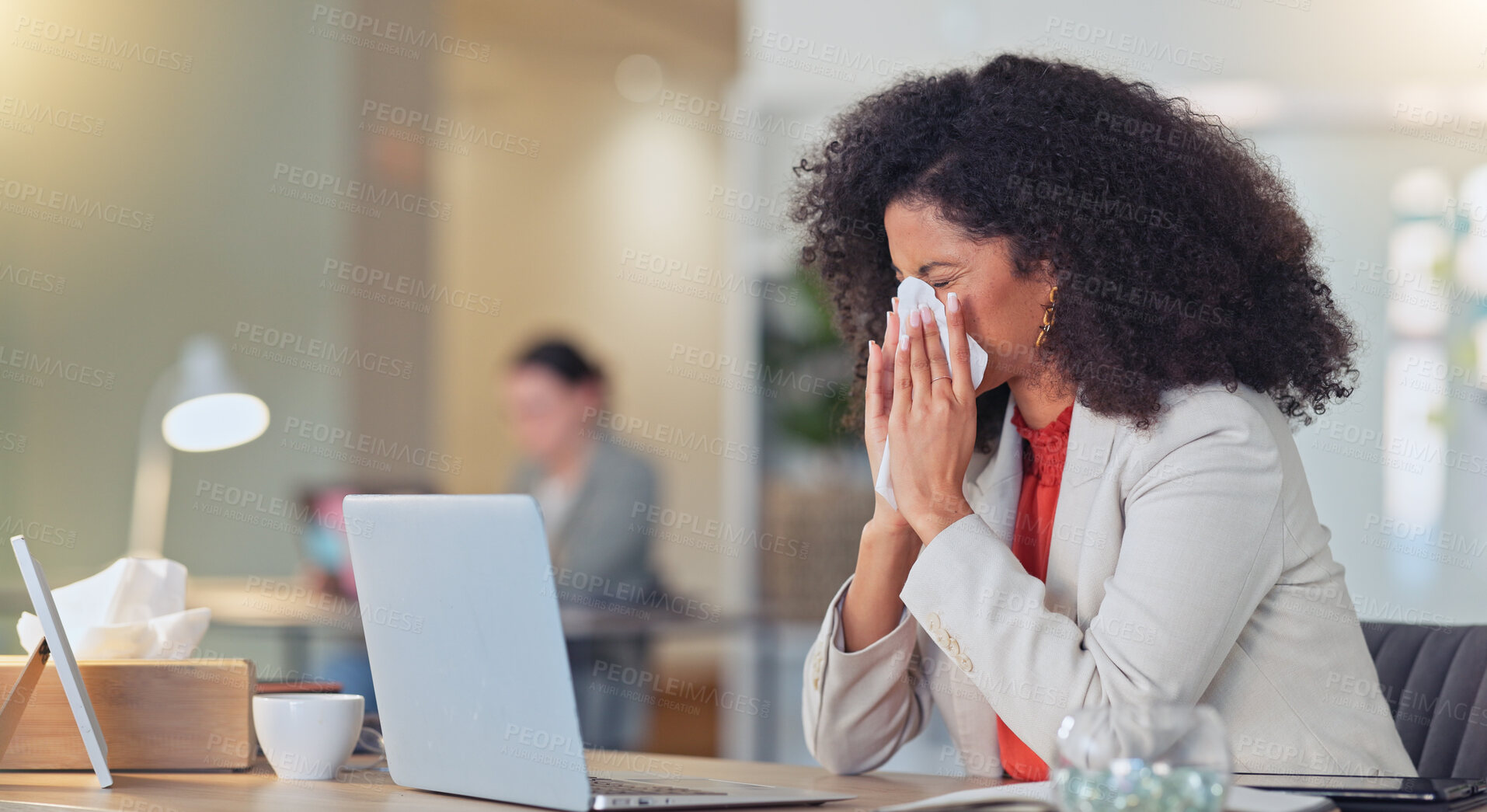 Buy stock photo Sick, business woman blowing nose and tissue with virus, bacteria and allergies while working at desk with laptop. Health fail, sneezing and professional with sinus infection and toilet paper at work