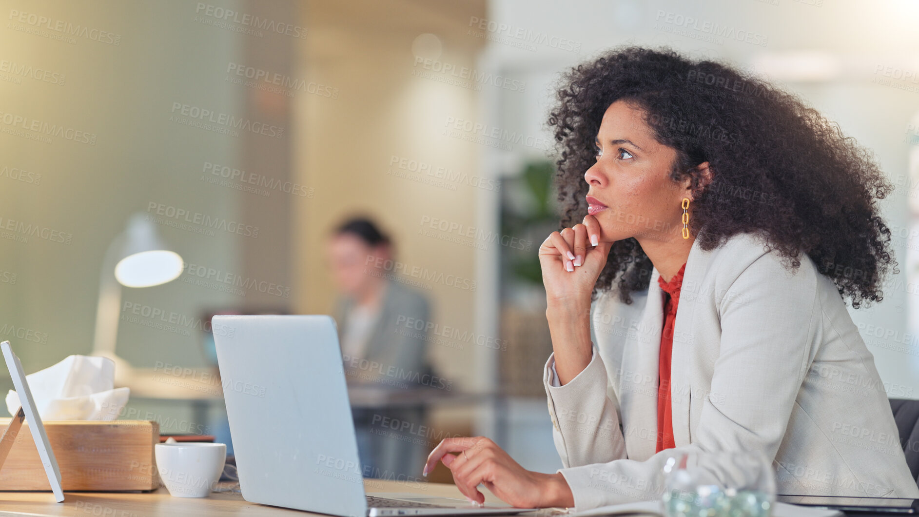 Buy stock photo Business woman, thinking and ideas on laptop, copywriting and social media research or planning at marketing agency. Professional African person, editor or writer on computer for article inspiration 