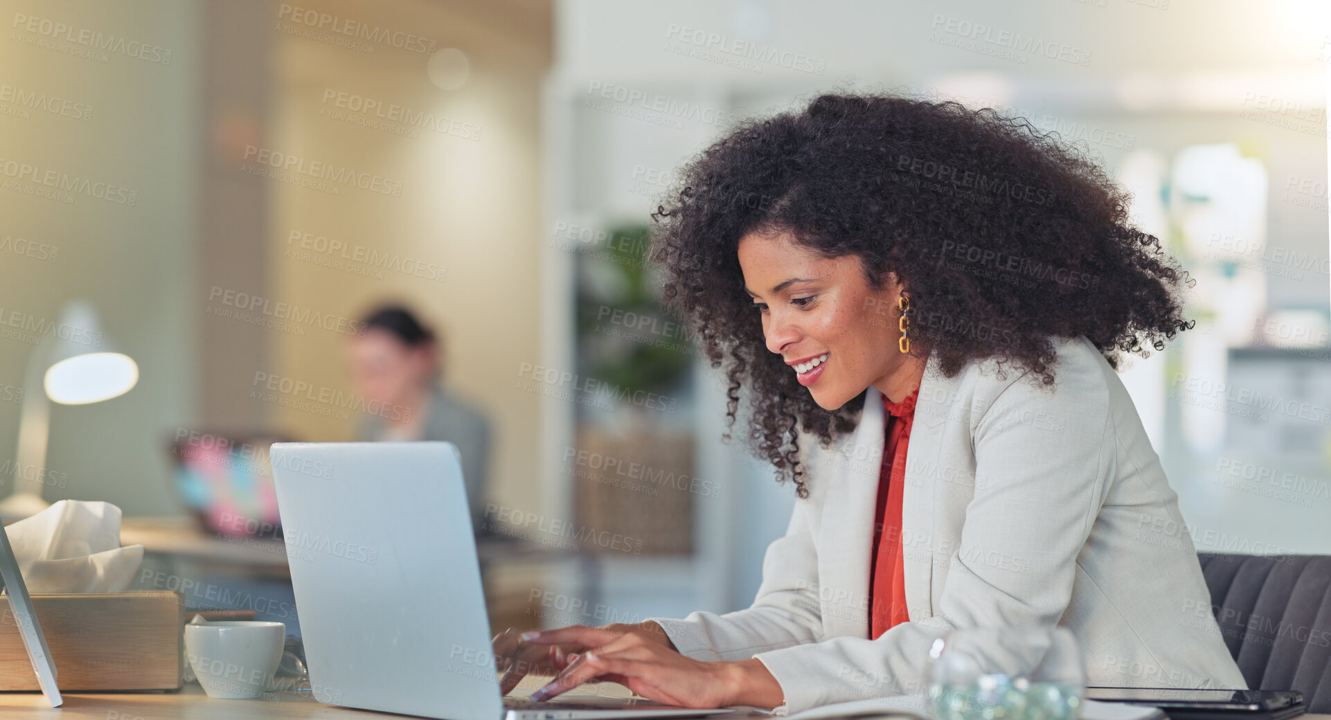 Buy stock photo Business, smile and woman with a laptop, typing and creative director with online reading, website info and connection. Person, employee or agent with digital app, pc or search internet for a project