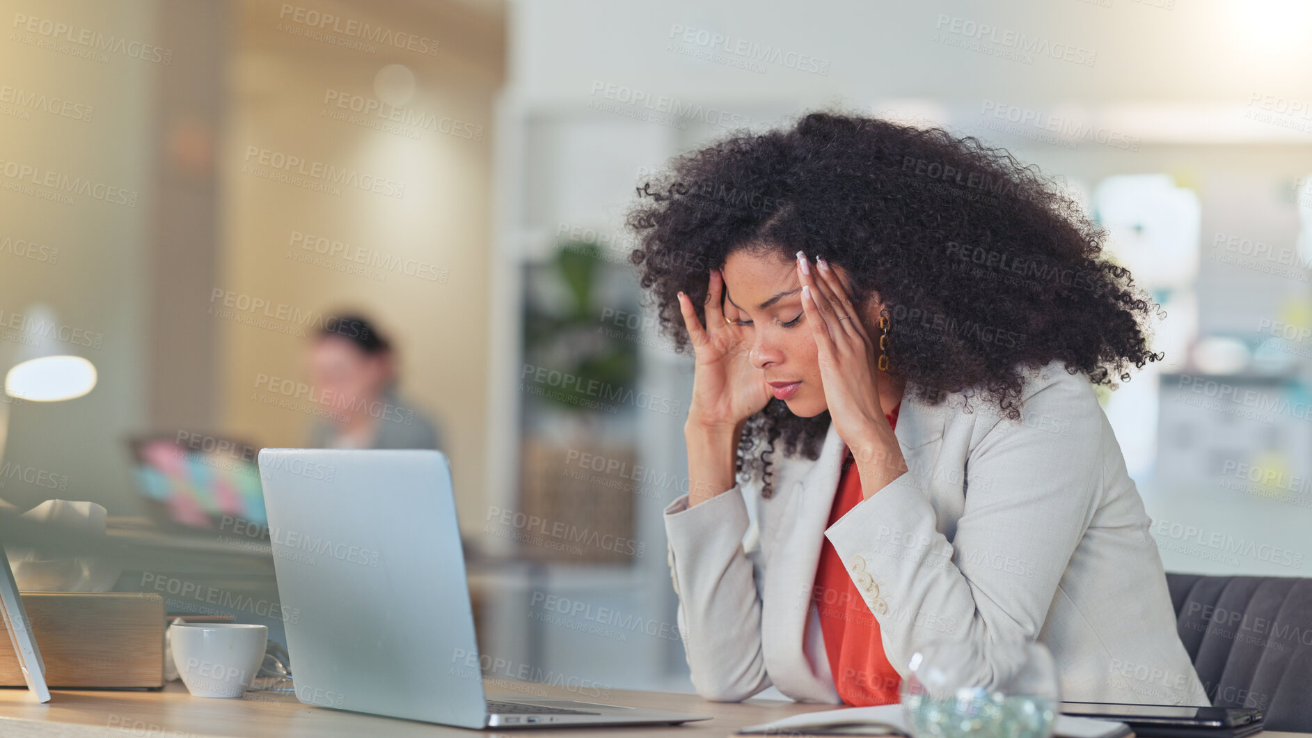 Buy stock photo Business woman has headache, pain and burnout with paralegal at desk with laptop, sick and frustrated with legal case. Health fail, professional is overwhelmed and fatigue at law firm with stress