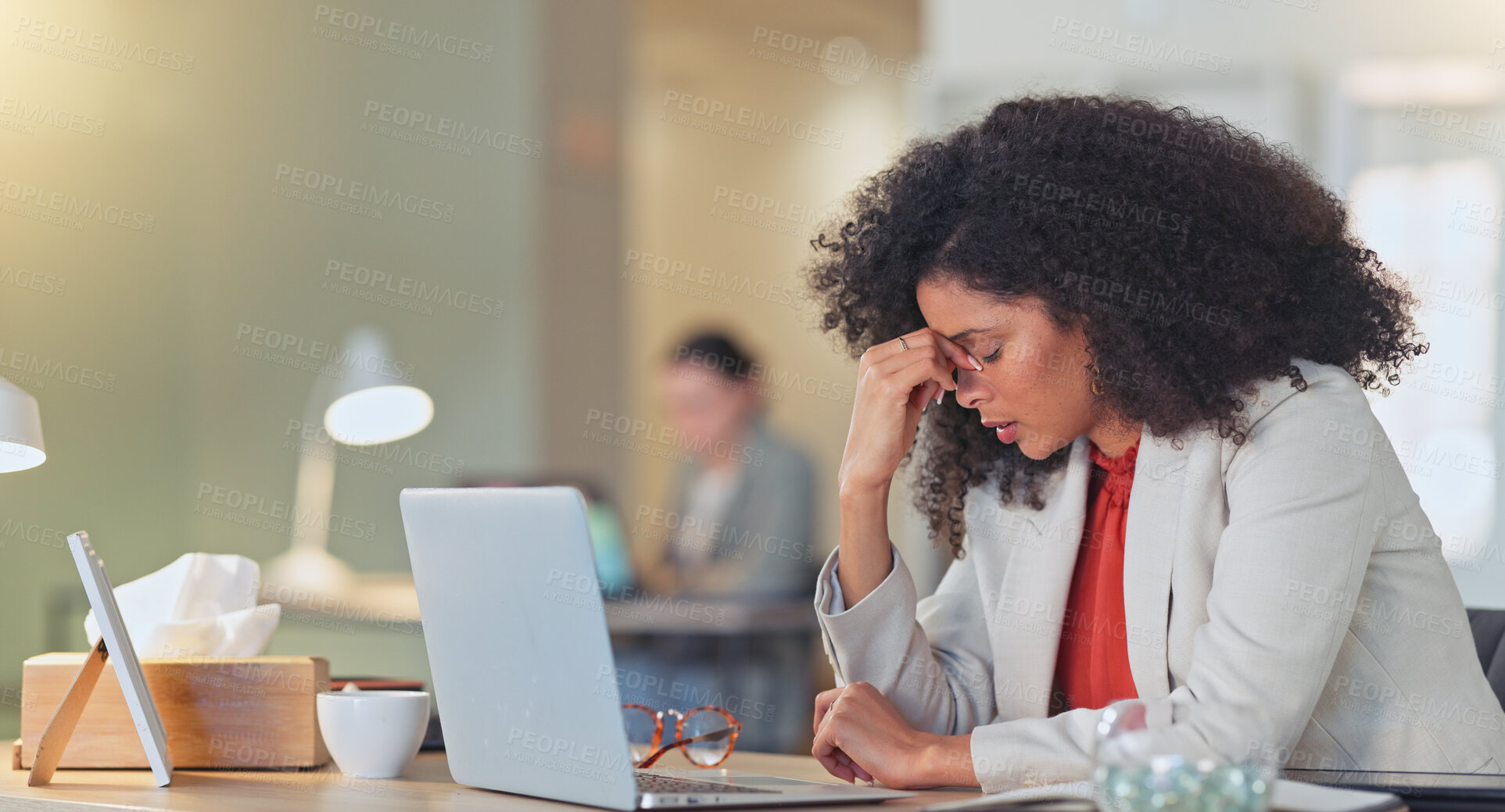 Buy stock photo Business woman has headache, pain and fatigue with paralegal at desk with laptop, sick and frustrated with legal case. Health fail, professional is overwhelmed and burnout at law firm with stress