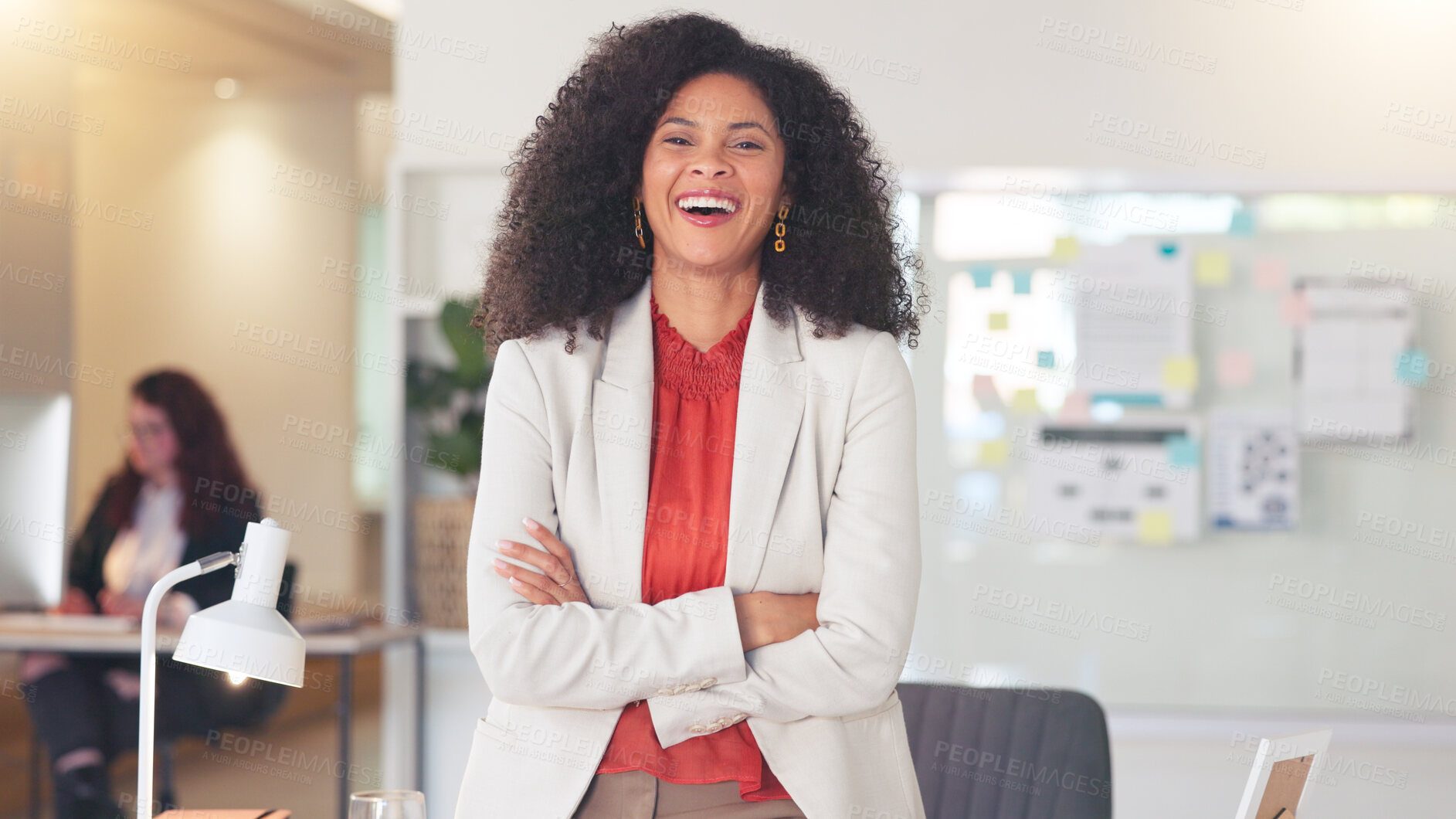 Buy stock photo Happy, portrait and business woman with arms crossed in office laughing, confident and empowered. Face, smile and young female entrepreneur proud of startup, company or excited about career goals