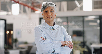 Success, leadership and senior woman in office with crossed arms for vision, ideas and business mission. Manager, ceo and professional elderly worker portrait in corporate workplace with serious face