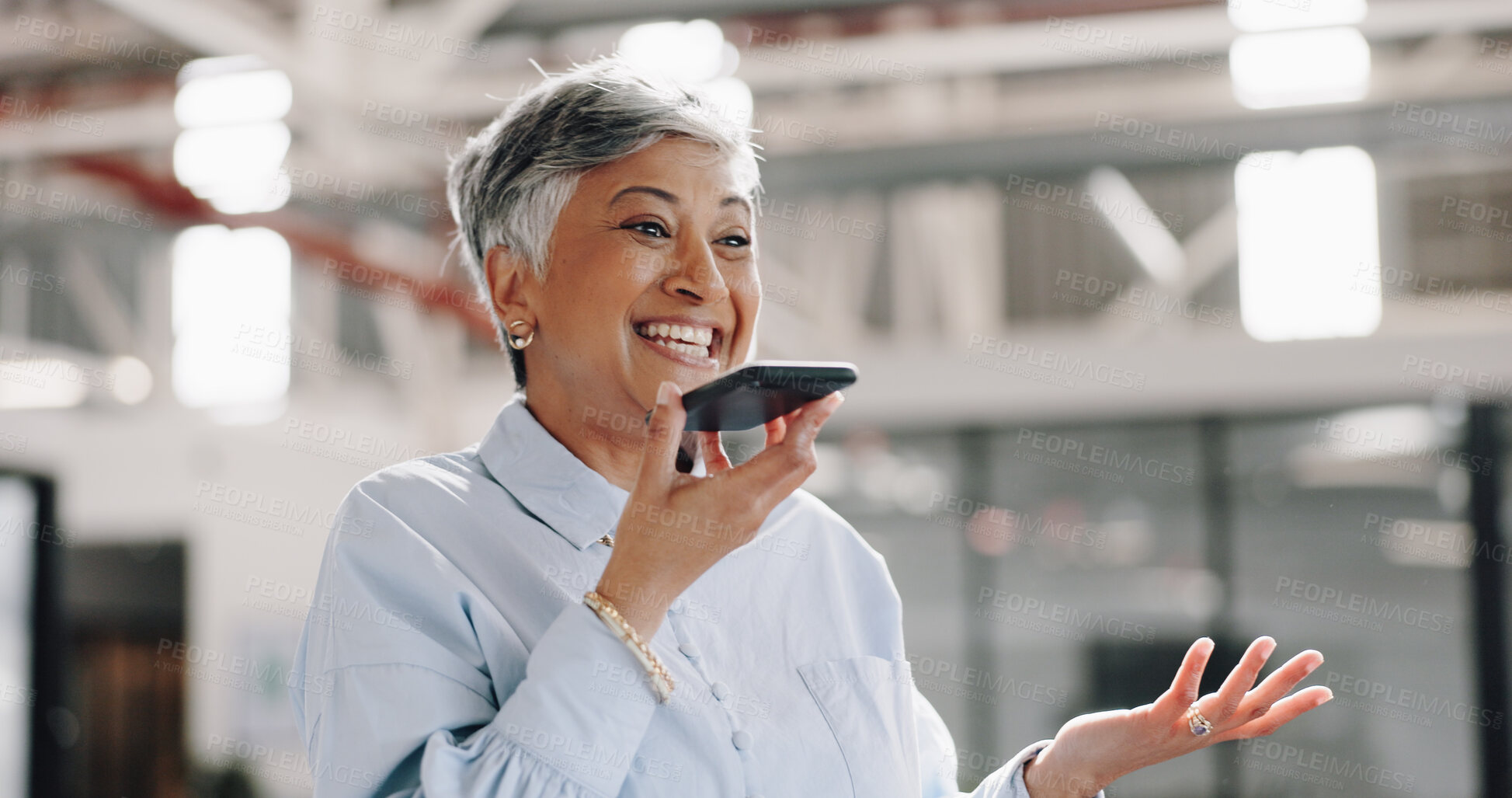 Buy stock photo Speaker, phone call or senior businesswoman talking, networking or speaking of strategy or mission. CEO, funny or happy company manager laughing in communication, discussion or conversation in office