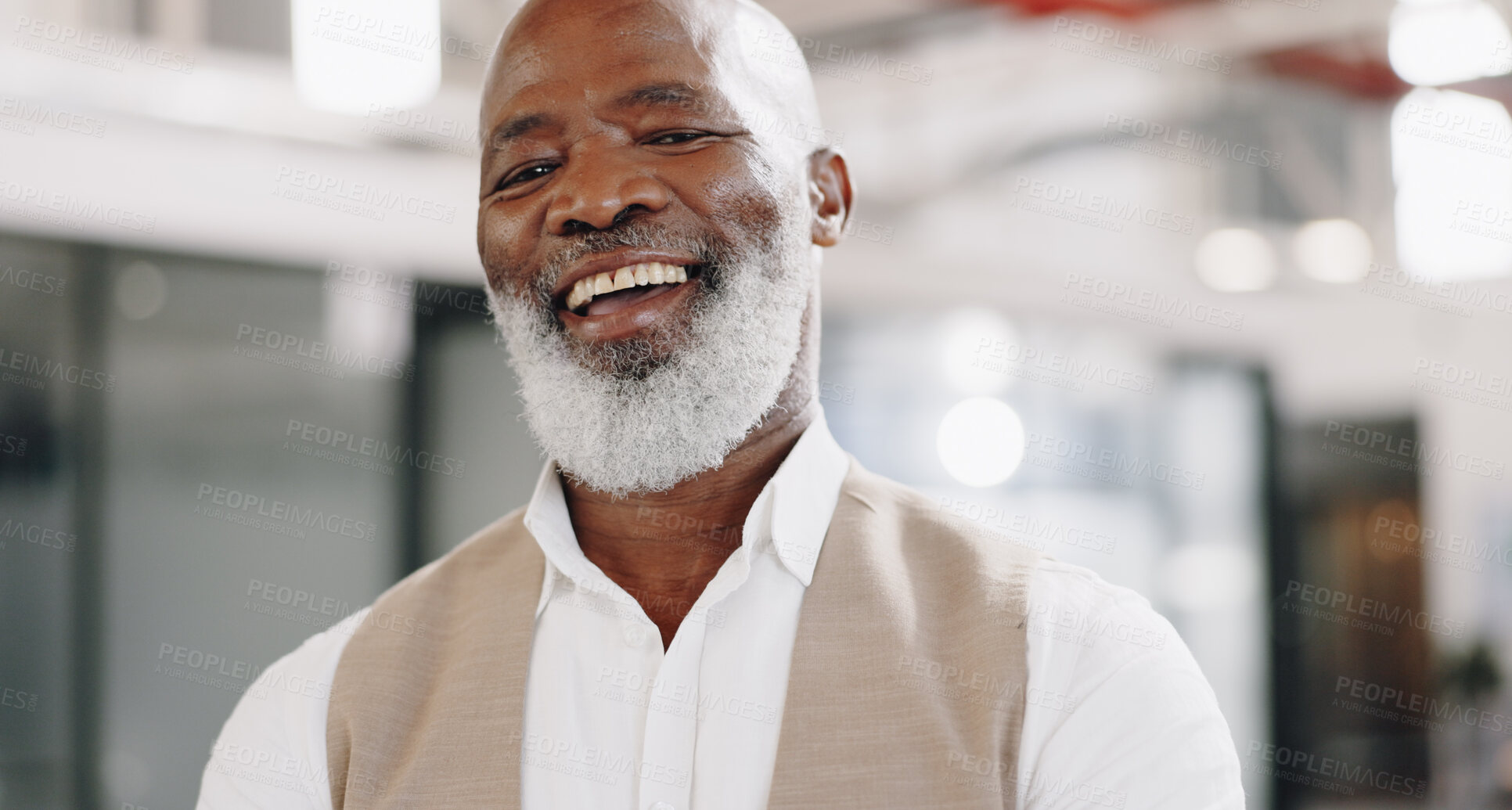 Buy stock photo Senior businessman, face and workplace with success in corporate with employer, ceo and leadership pride. Black man leader in office, smile in professional portrait and vision with positive mindset.