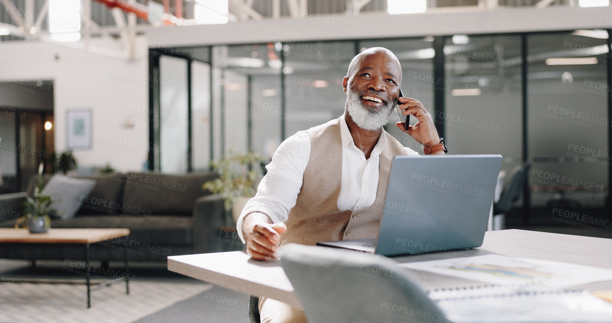 Buy stock photo Smile, phone call or happy senior businessman in office for networking, good news or deal negotiation. Black man, laptop or mature CEO on mobile communication for target, discussion or sales mission