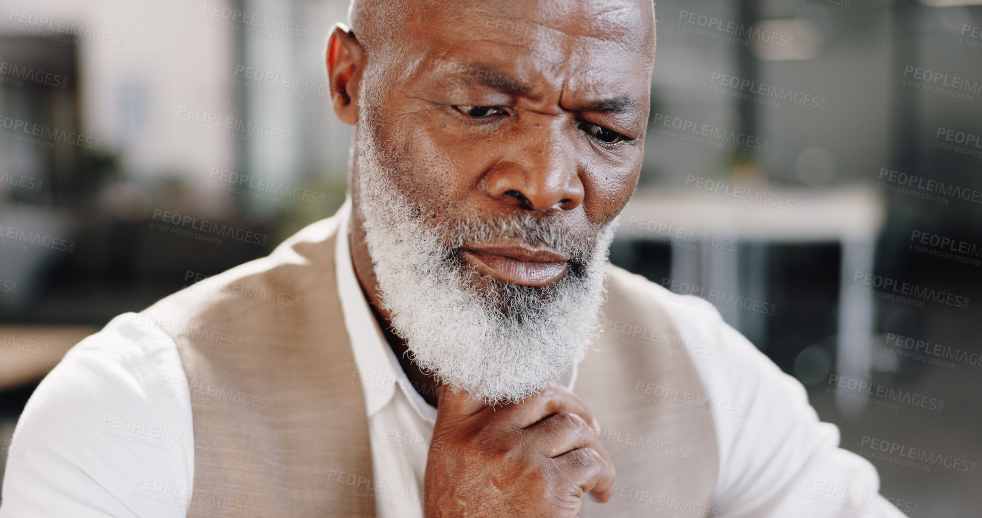 Buy stock photo Business, thinking and senior black man in office with decision, brainstorming or planning solution. Idea, doubt and elderly African male CEO with choice, why or puzzled, problem solving or unsure