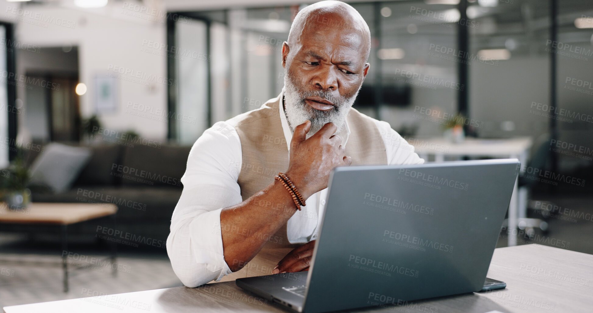 Buy stock photo Thinking, laptop and senior business man in office for planning, schedule or management. Idea, solution and elderly African male executive online with plan doubt, problem solving or solution research