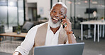 Business, black man and phone call in modern office, communication and planning schedule. Ceo, leader and senior male with laptop, online research for project and talking on cellphone in workplace.