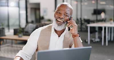 Business, black man and phone call in modern office, communication and planning schedule. Ceo, leader and senior male with laptop, online research for project and talking on cellphone in workplace.