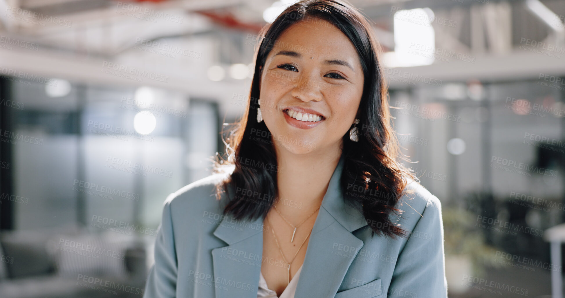 Buy stock photo Portrait, business and Asian woman with a smile, employee and career in a workplace, professional and sales agent. Face, Japanese person and happy employee with happiness, consultant and entrepreneur