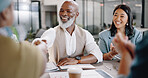 Senior black man, handshake and business meeting for hr recruitment, hiring and interview success in creative office. Teamwork, partnership agreement and growth leadership, shaking hands and success