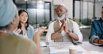 Senior black man, leader and business meeting with business people and collaboration, project planning and strategy in conference room. Communication, discussion and paperwork with team.