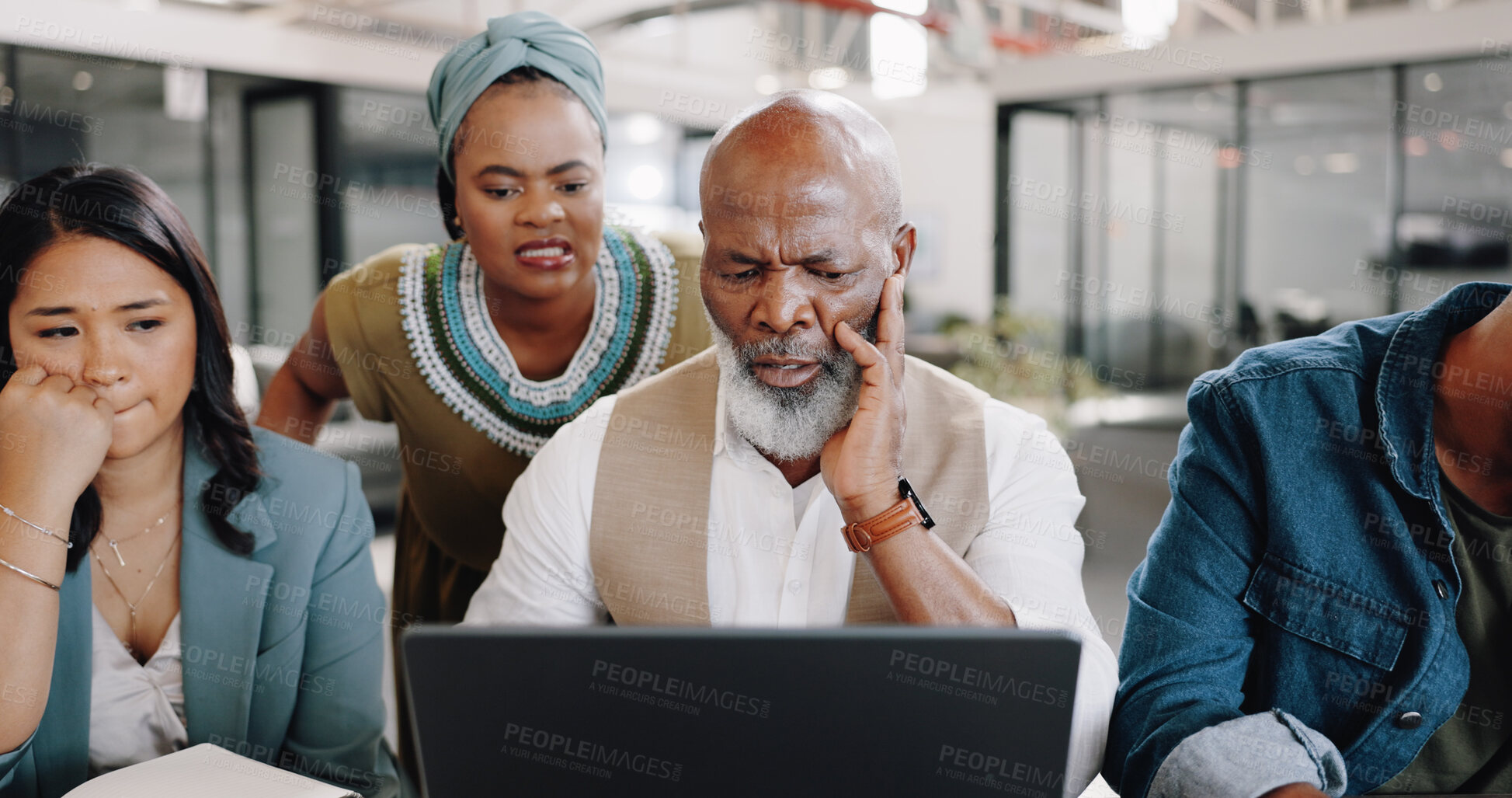 Buy stock photo Business people, laptop and team confused with sad news, marketing mistake and social media disaster or risk. Manager, editor and group of employees reading on computer for copywriting error or fail