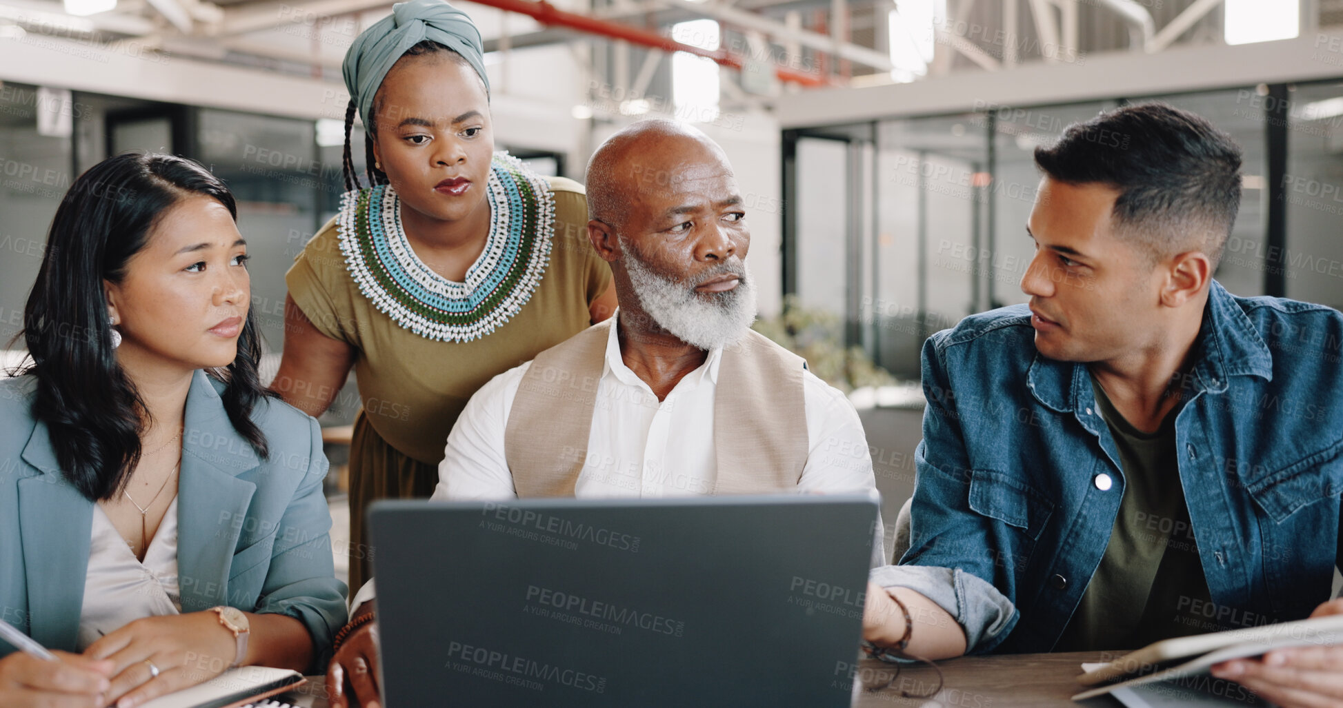 Buy stock photo Laptop, teamwork or employees in meeting problem solving for an online strategy or data analytics. CEO, collaboration or group of people speaking of ideas on a project in a digital agency together