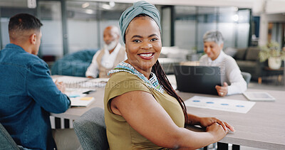 Business, portrait black woman and meeting at table for strategy and planning at financial advisory startup. Workshop, brainstorming and teamwork, face of woman with smile in meeting room with team.