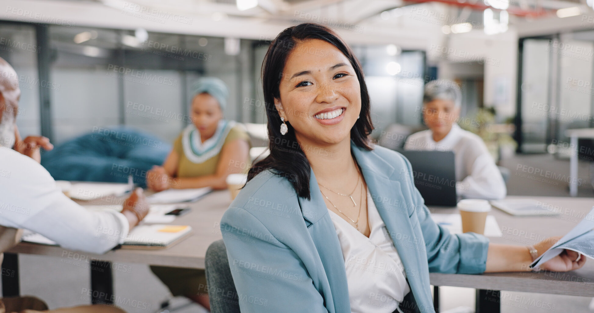 Buy stock photo Leadership, meeting and portrait of Asian woman in office with corporate business people. Strategy, planning and collaboration, smile of businesswoman in conference room for professional workshop.