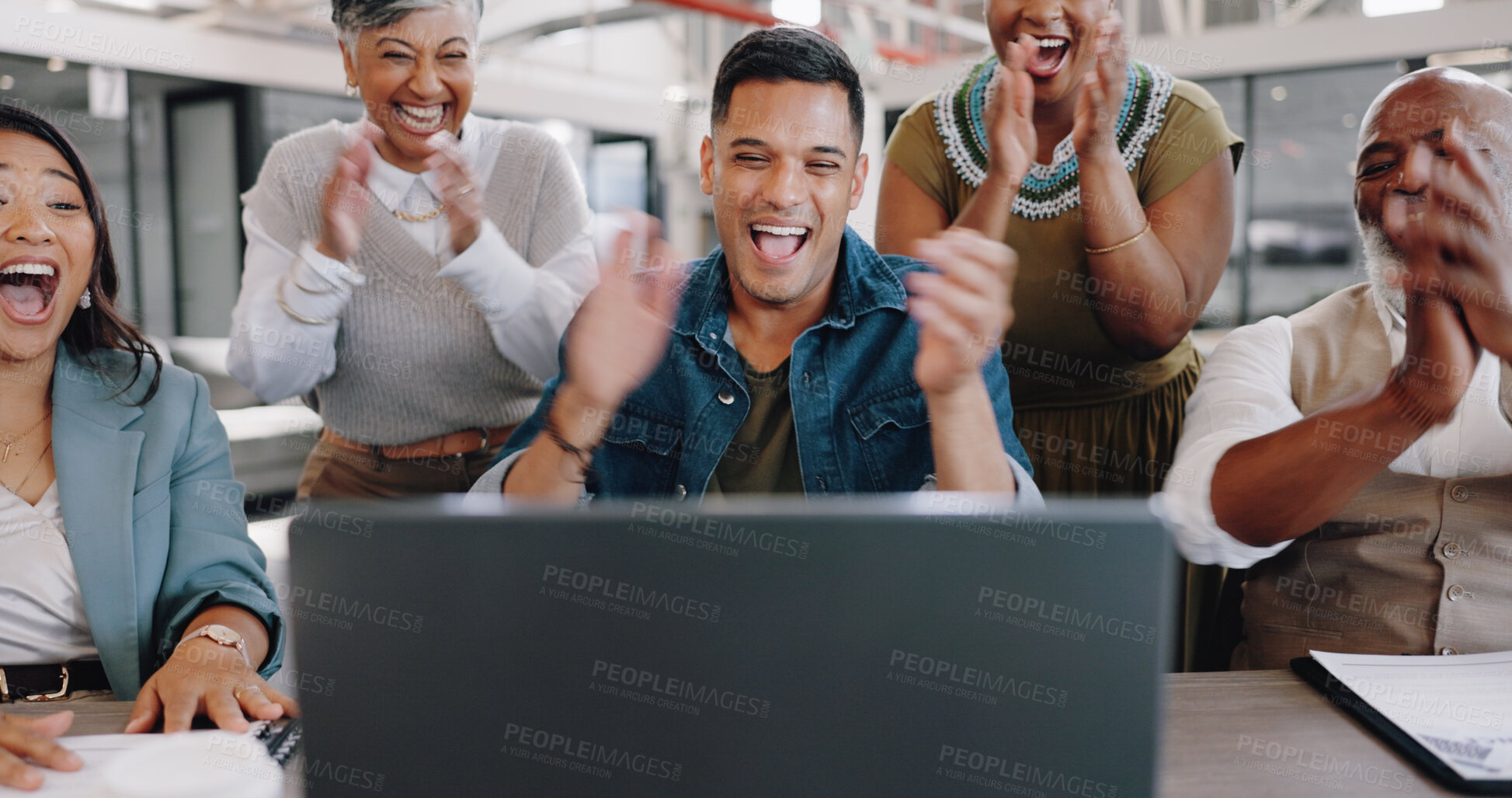 Buy stock photo Business people, team and applause on computer for success, news for startup goals and marketing sales. Employees wow, celebration and clapping for social media growth, winning and results on laptop