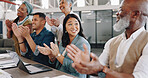 Business people, diversity meeting or clapping in presentation, digital marketing education or advertising goals conference. Smile, happy or applause in training workshop men or women with technology