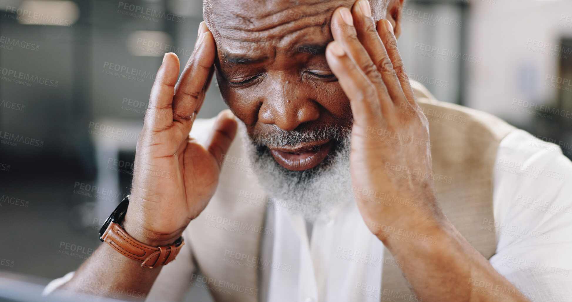 Buy stock photo Stress, headache and senior business man in office with vertigo, pain or brain fog. Anxiety, burnout or elderly African male CEO with temple massage for migraine, mistake or disaster, dizzy or crisis