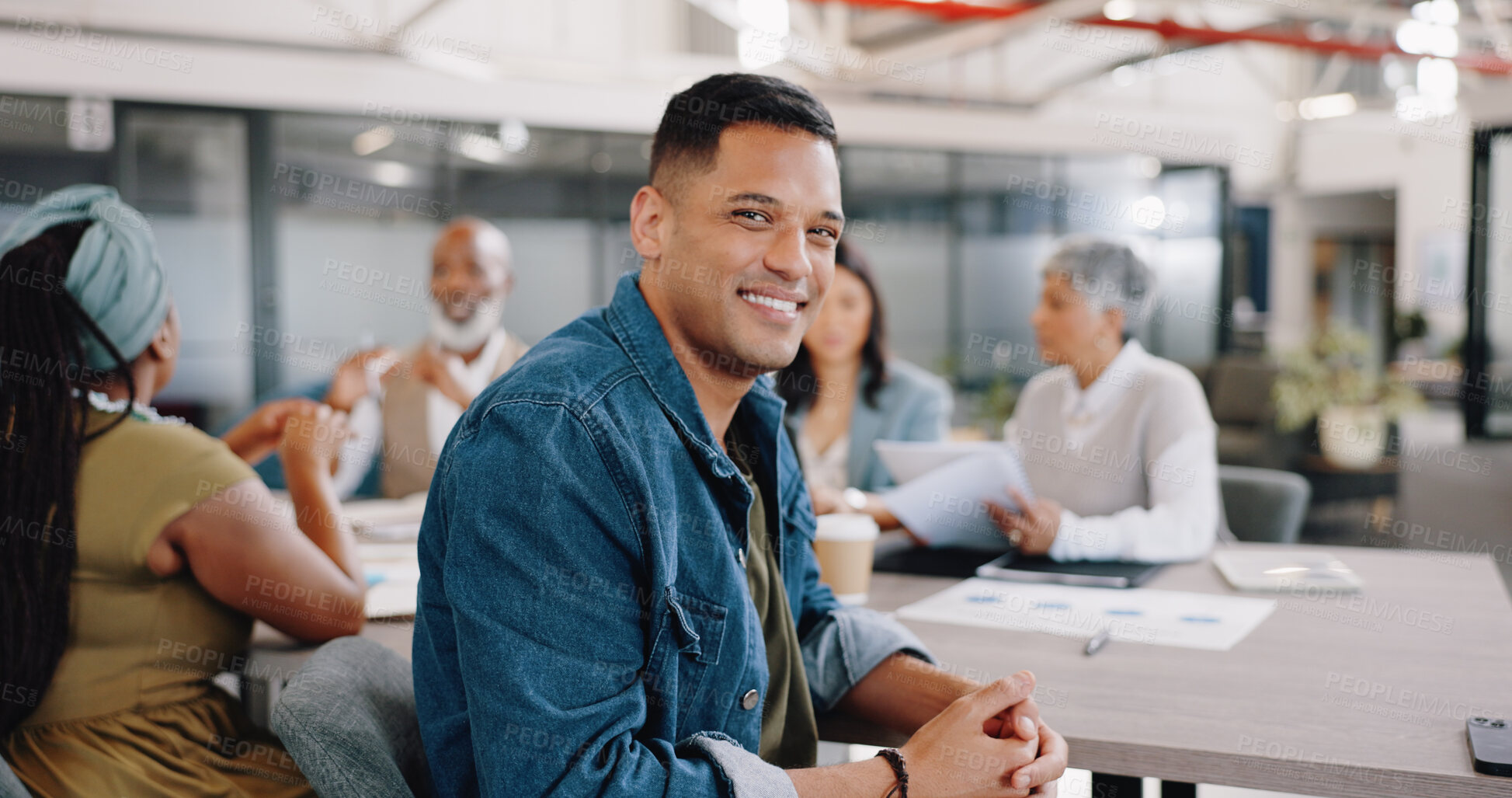 Buy stock photo Leadership, meeting and portrait of happy man in office with brainstorming corporate business people. Strategy, planning and collaboration, businessman in conference room for professional workshop.