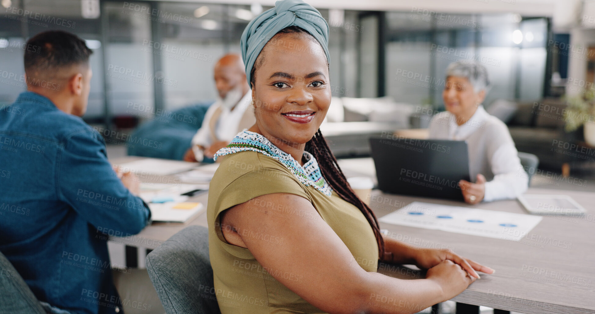 Buy stock photo Leadership, brainstorming and portrait of black woman in office with corporate business people. Strategy, planning and collaboration, smile of businessman in conference room for professional workshop