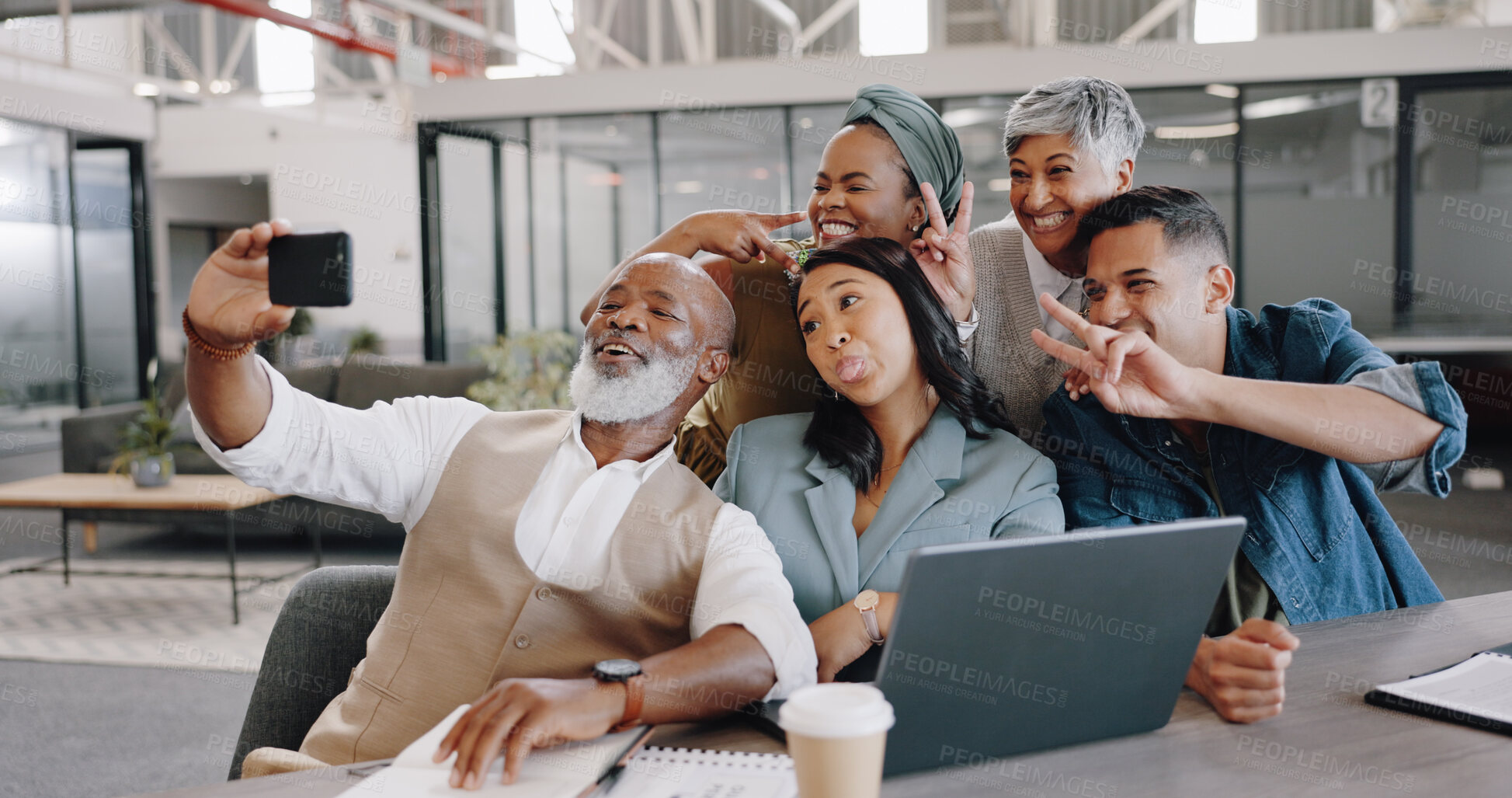 Buy stock photo Business people, selfie and funny group in office, peace sign and comic with tongue for post on web blog. African CEO man, team and excited with emoji, memory and profile picture for social network