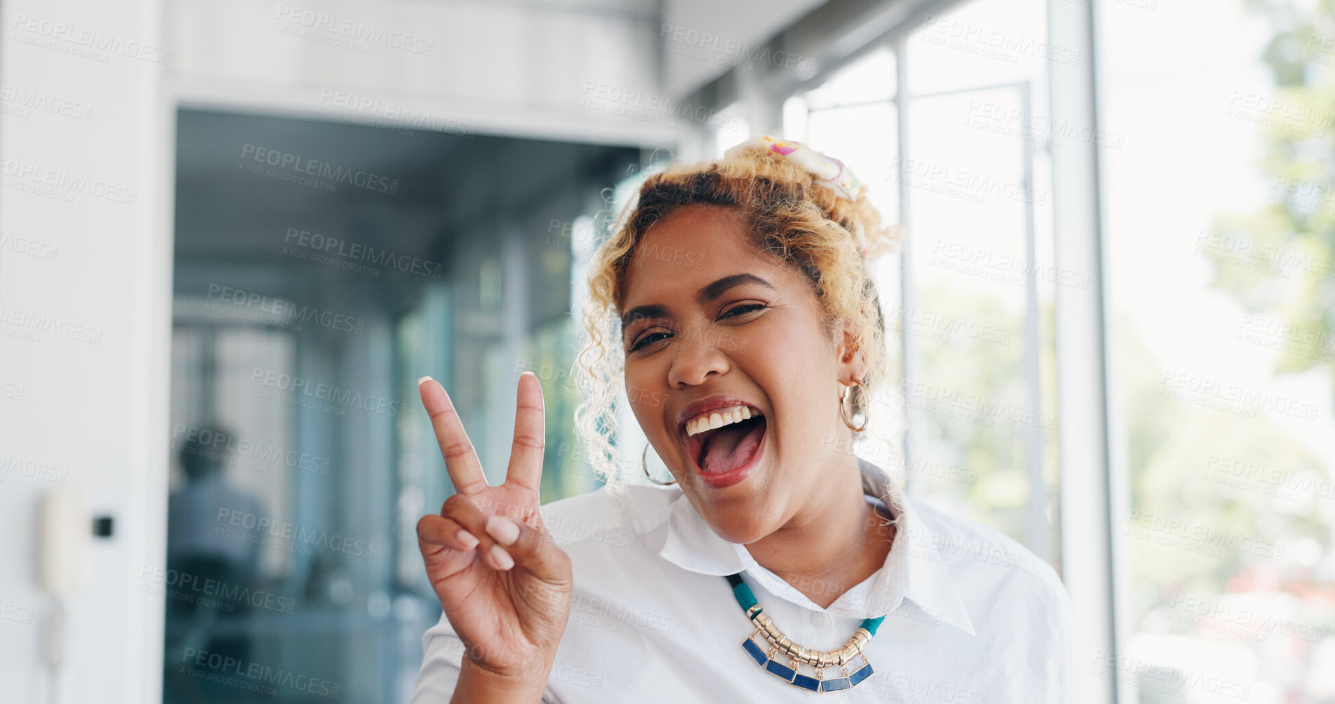 Buy stock photo Peace sign, portrait and success with business woman for support, winner and motivation. Emoji, happy and freedom with face of person and v icon in office for celebration, creative and achievement