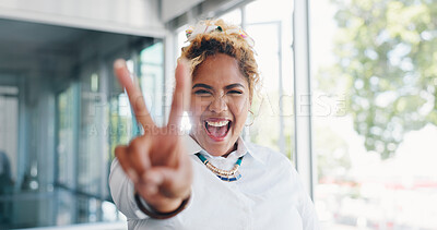 Business woman, peace and in office with sign, happy and motivation. Hispanic female, girl or hand gesture for solidarity, funny or goofy for break, laughing and joyful with smile, success and vision