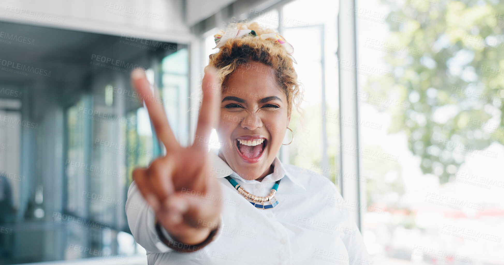 Buy stock photo Peace sign, portrait and freedom with business woman for support, winner and motivation. Emoji, happy and success with face of person and v icon in office for celebration, creative and achievement