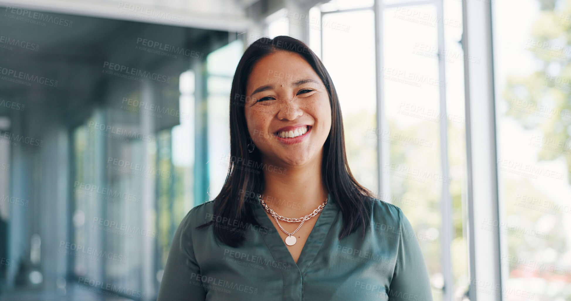 Buy stock photo Happy, portrait or Asian woman with business mindset, thinking or professional in a workplace. Person, girl or entrepreneur with smile, career or employee with startup company, sunshine or confidence