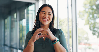 Love, heart and business woman with hands for corporate support, professional career and solidarity face for a company. Motivation, smile and portrait of an employee with emoji hand for valentines