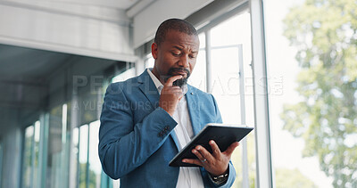 Thinking business black man with tablet for corporate review, strategy and idea for finance, budget and stock market in office building. Focus, data analytics and executive businessman on digital app