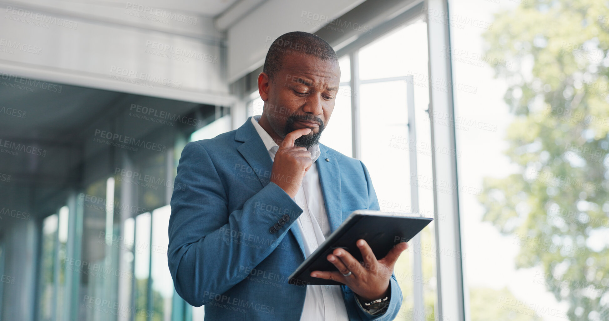 Buy stock photo Business man, tablet and thinking of stock market decision, investment planning and financial research or risk in office. African person, trader or investor on digital technology in doubt for trading