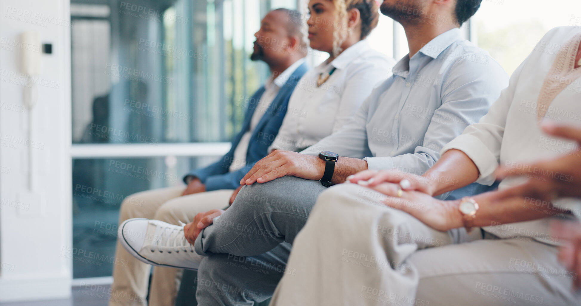 Buy stock photo Group, business people and queue, waiting room or job interview, hiring opportunity or human resources recruitment. Hands of candidates, chairs or patience for HR meeting, recruiting or staff vacancy